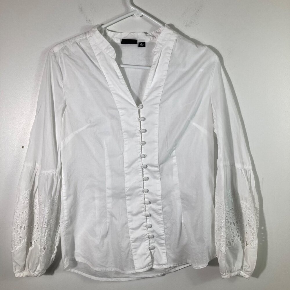 Womens ana White Button Balloon Embroidered Sleeve Cotton M